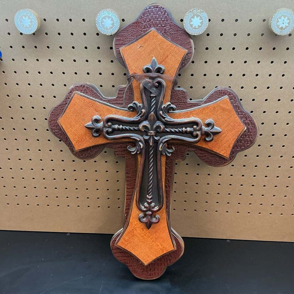 Outlaws & Inlaws Rustic Western Faux Leather and Wood Fleur-De-Lis Wall Cross